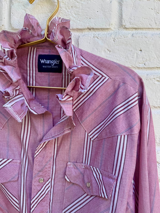 Revamped Vintage Wrangler Long Sleeve Striped Western Pearl Snap Shirt - Pastel Orchid & White| Size Long Tall | Measuring 24” pit-pit and 27” sleeves
