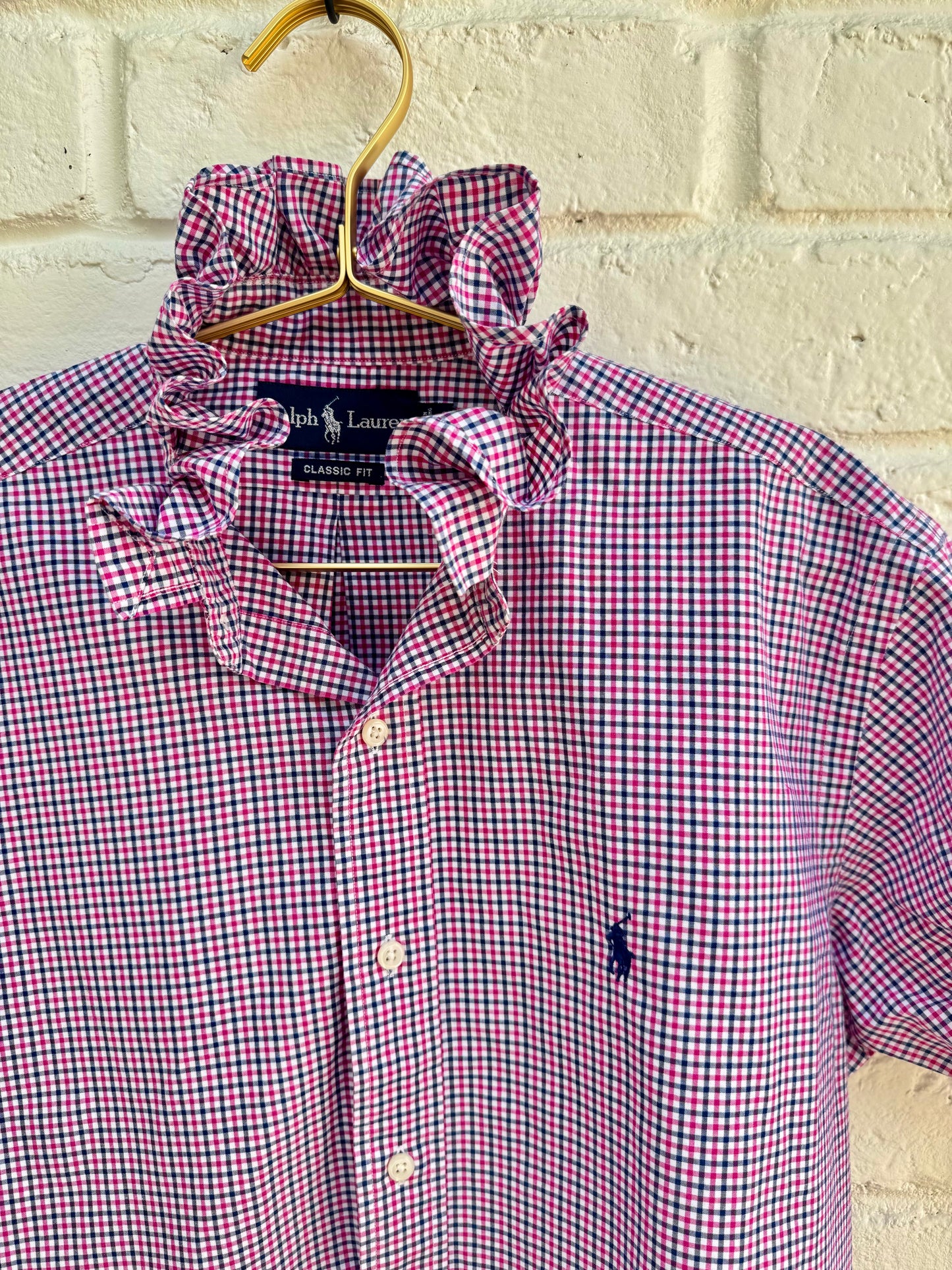 Upcycled Ralph Lauren Pink Plaid Ruffle Shirt – Women’s Short Sleeve Reworked Button Down – Small. Chest: 21”