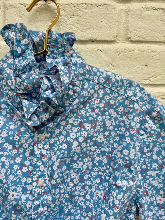 Upcycled Blue Floral Western style Shirt with High Ruffle Collar- Size- L