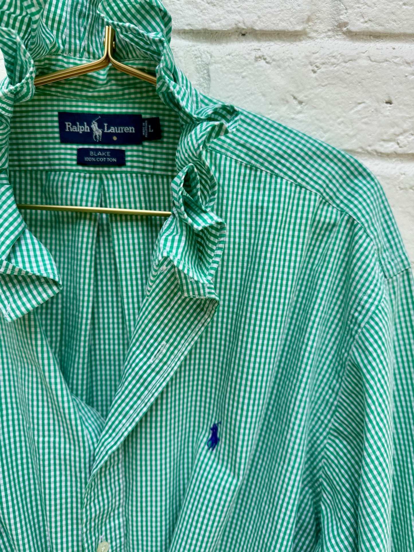 Custom Ralph Lauren Green Gingham Shirt with Dramatic Statement Ruffle Neck- Size L. Measures 21” pit to pit. Sleeves measure 24”
