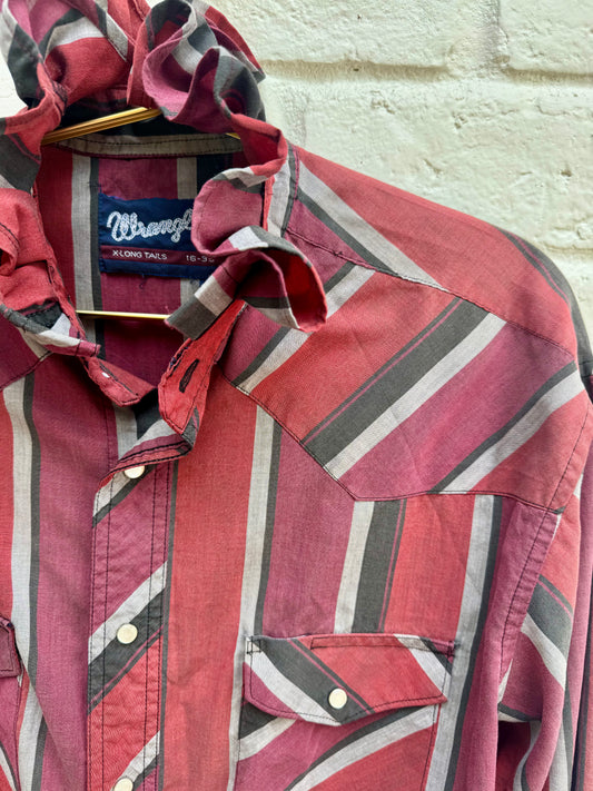 Vintage Wrangler Striped Ruffle Collar Western Pearl Snap Shirt X-Long Tails Red Grey- Well Worn. Measures 22.5 “ from pit to pit.