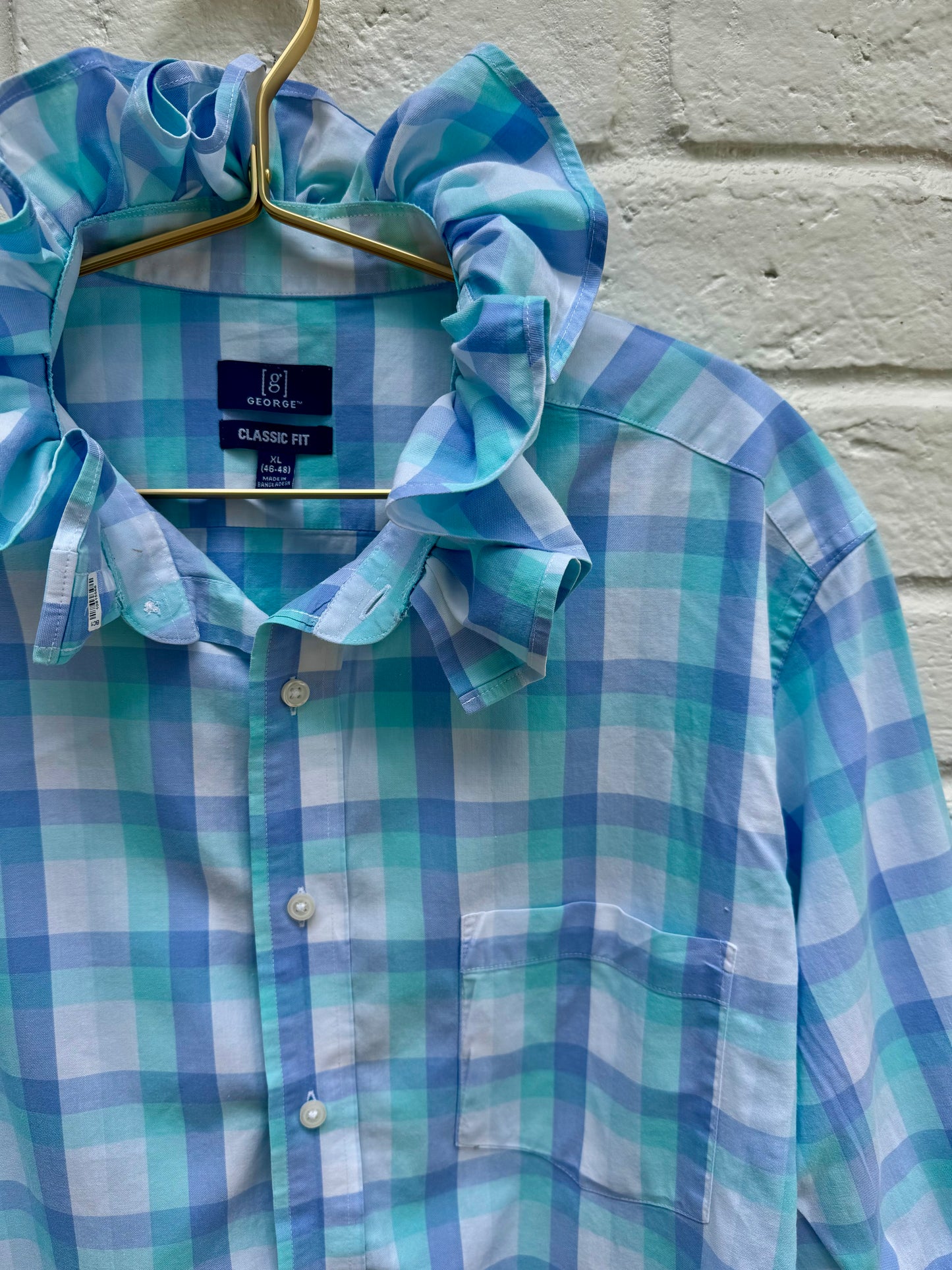 Upcycled Blue Plaid Ruffle Shirt – Women’s Western Reworked Button Down- Mens XL Chest: 26”