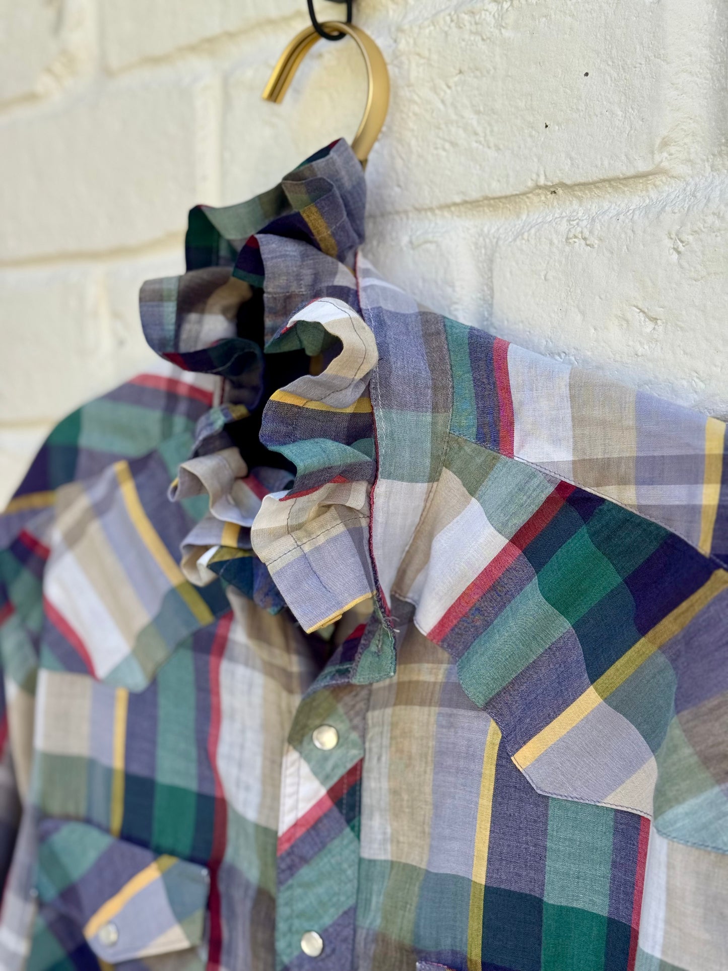 Revamped Vintage Wrangler Plaid Crop Ruffle Western Pearl Snap Shirt - Earthy Green & Yellow Multi- Size M| Measures 20” Pit to Pit