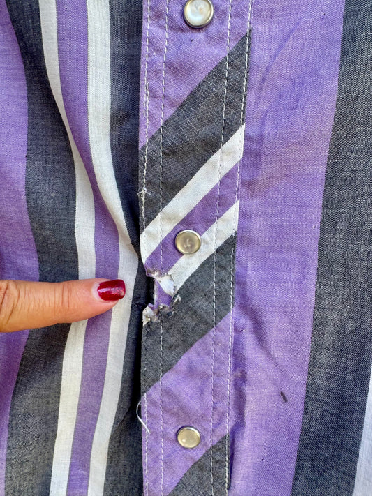 Revamped Vintage Wrangler Short Sleeve Striped Western Pearl Snap Shirt - Amethyst Purple & Charcoal| Size Long Tall | Measures 25” pit-pit. Please see photos for some damage!