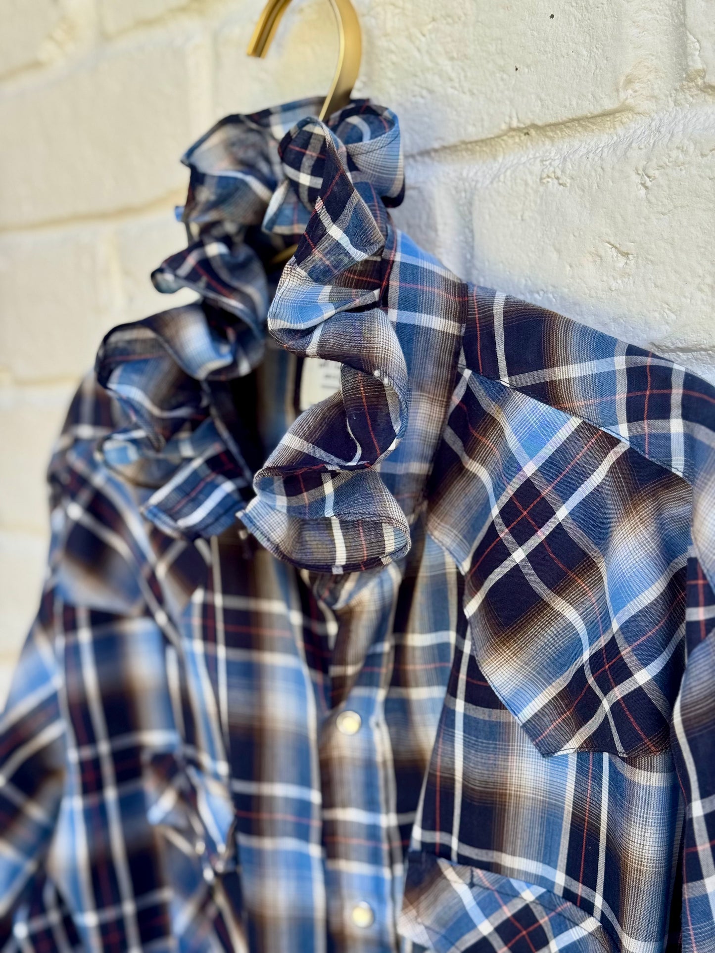 Revamped Vintage Ely Cattleman Long Sleeve Plaid Ruffle Shirt - Sky Blue & Coffee Ombré| Size Long Tall| measures 23” chest. 26” sleeve length