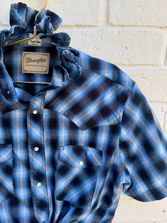 Revamped Vintage Wrangler Short Sleeve Plaid Western Pearl Snap Shirt - Indigo & Shadow Blue| Size M | Measures 20” pit-pit