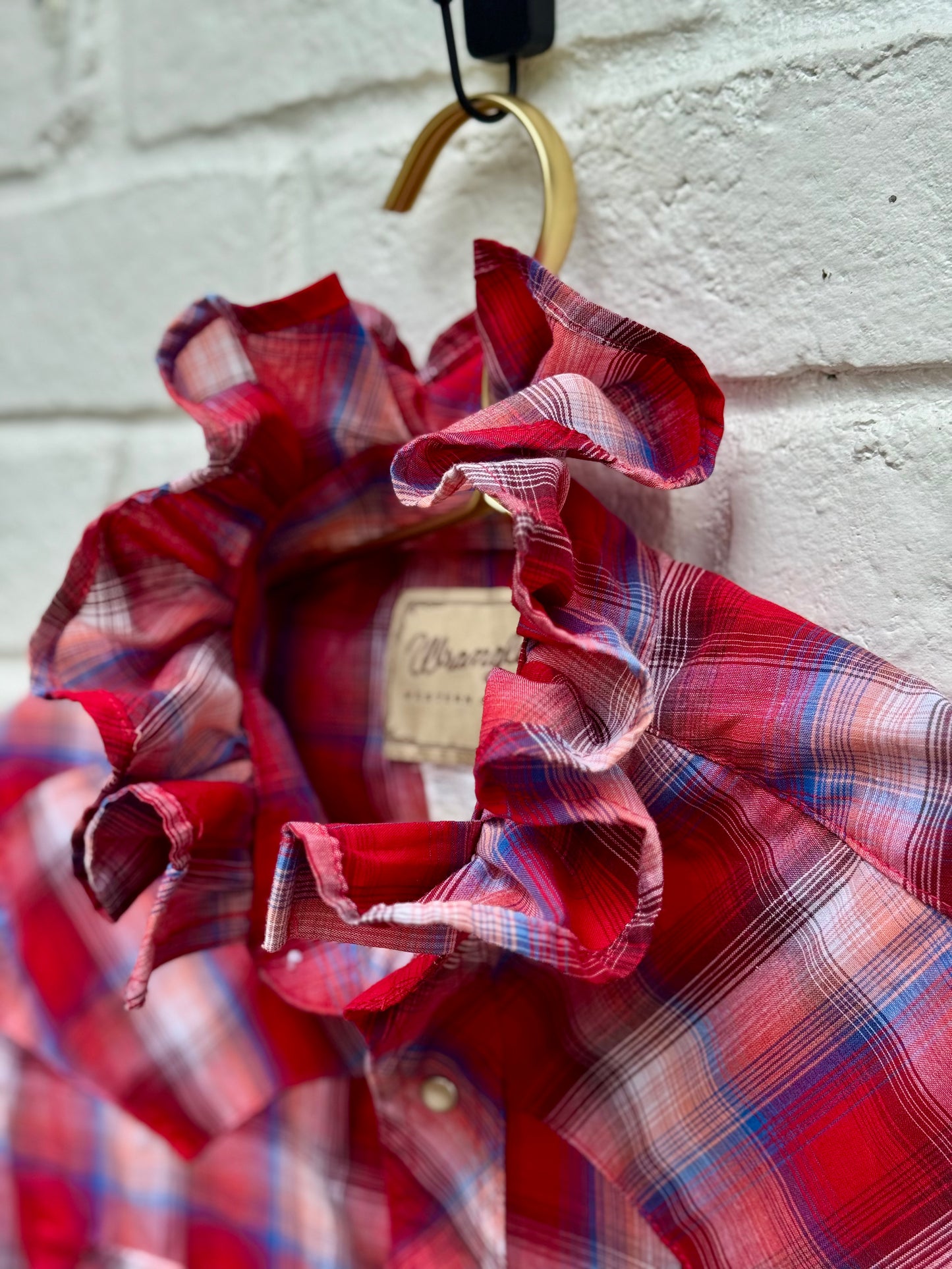 Vintage Wrangler Ruffle Neck Plaid Western Pearl Snap Shirt – Red - See description for measurements.