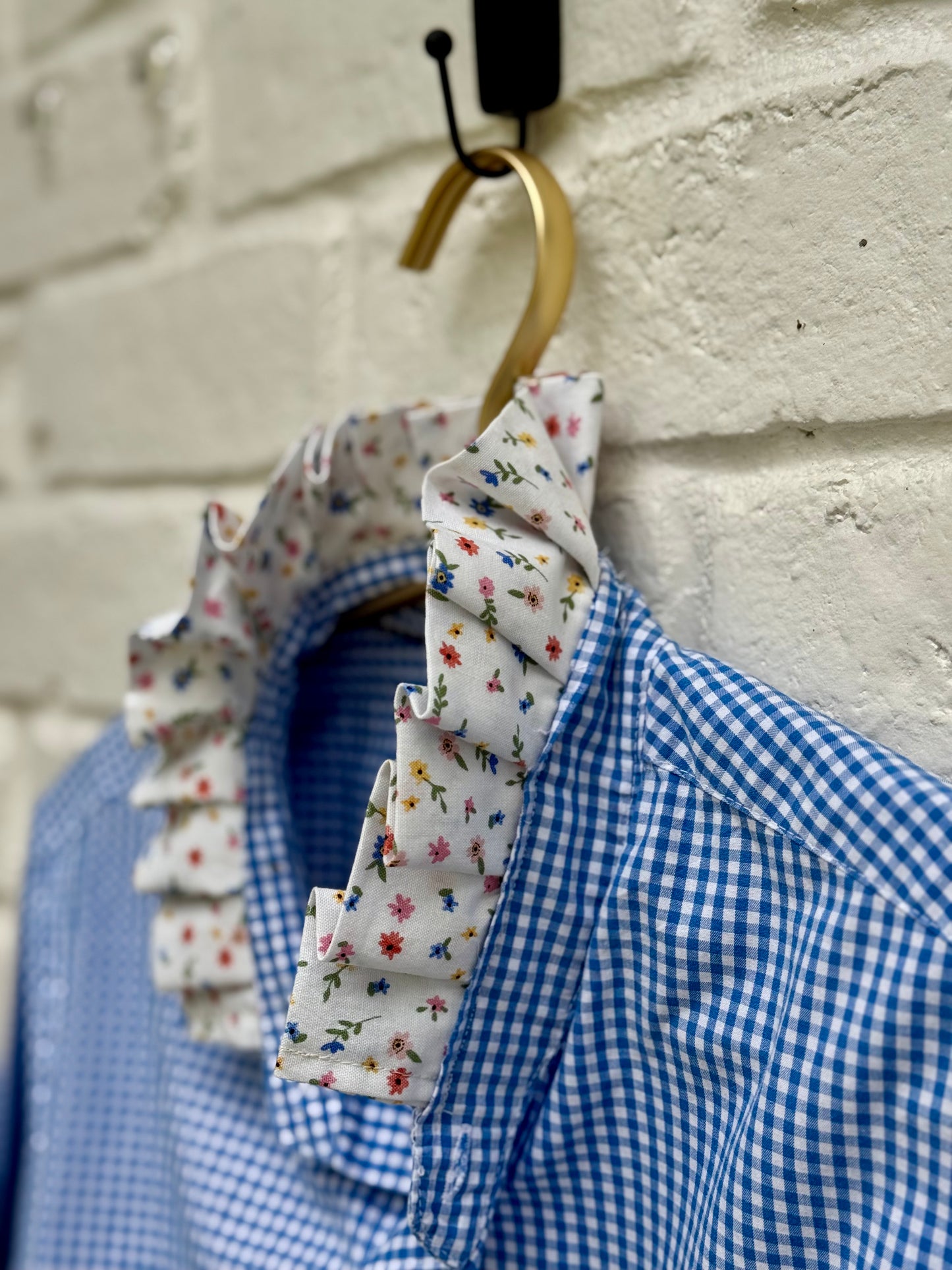 Upcycled Western Gingham Shirt with Floral Ruffle Collar and Pockets- Size L