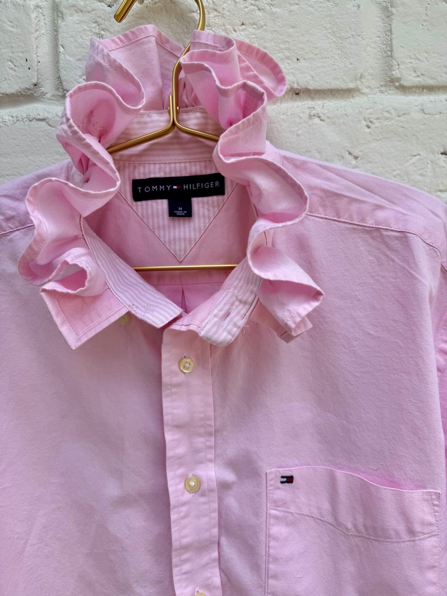 Upcycled “ Shorty” Tommy Hilfiger Pink Ruffle Shirt – Women’s Reworked Short Sleeve Button Down – Medium. Chest 21”