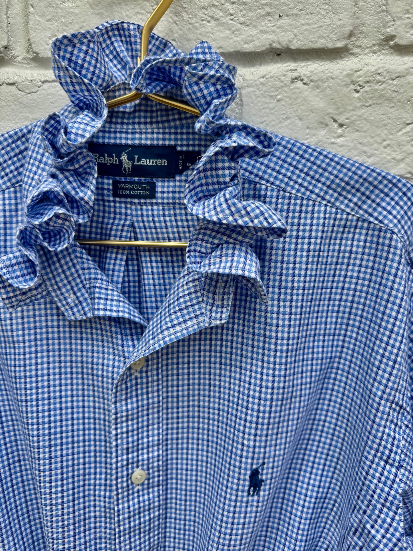 Upcycled Ralph Lauren Blue Gingham Ruffle Shirt – Women’s Reworked Button Down Size 15 1/2. Chest: 23” Sleeves 24”