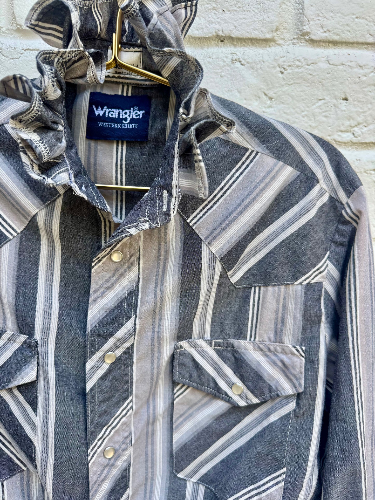 Revamped Vintage Wrangler Long Sleeve Striped Western Pearl Snap Shirt - Slate Gray & Ash Multi | Size S | Measures 20” across the chest