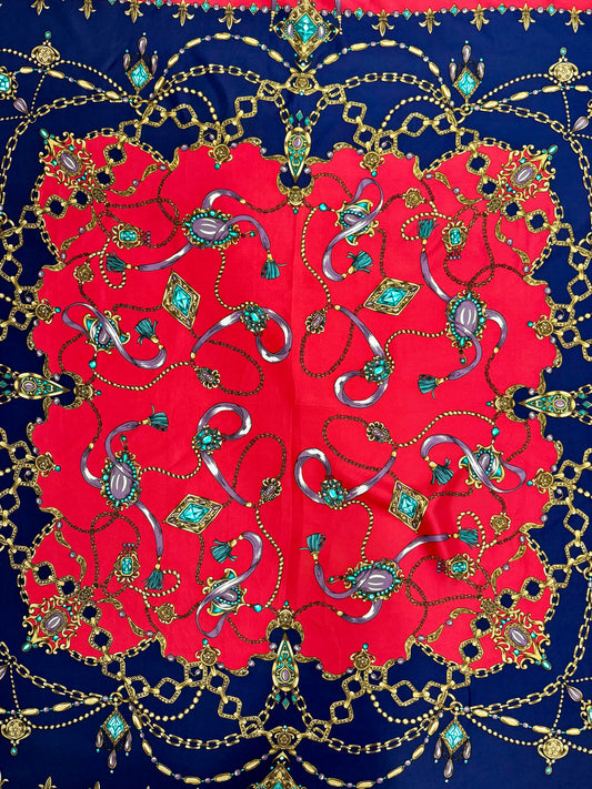 Vintage Red & Navy Jeweled Chain Silk Scarf – 40”