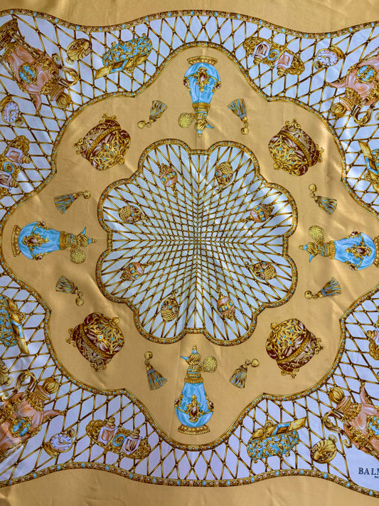 Vintage Balmain Paris 100% Silk Scarf | Golden Honey & Turquoise | 35” Square