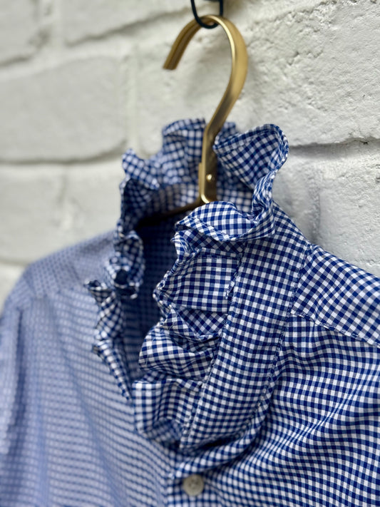 Women’s Upcycled Women’s Blue Gingham Ruffle Collar Button-Down Blouse | Size S