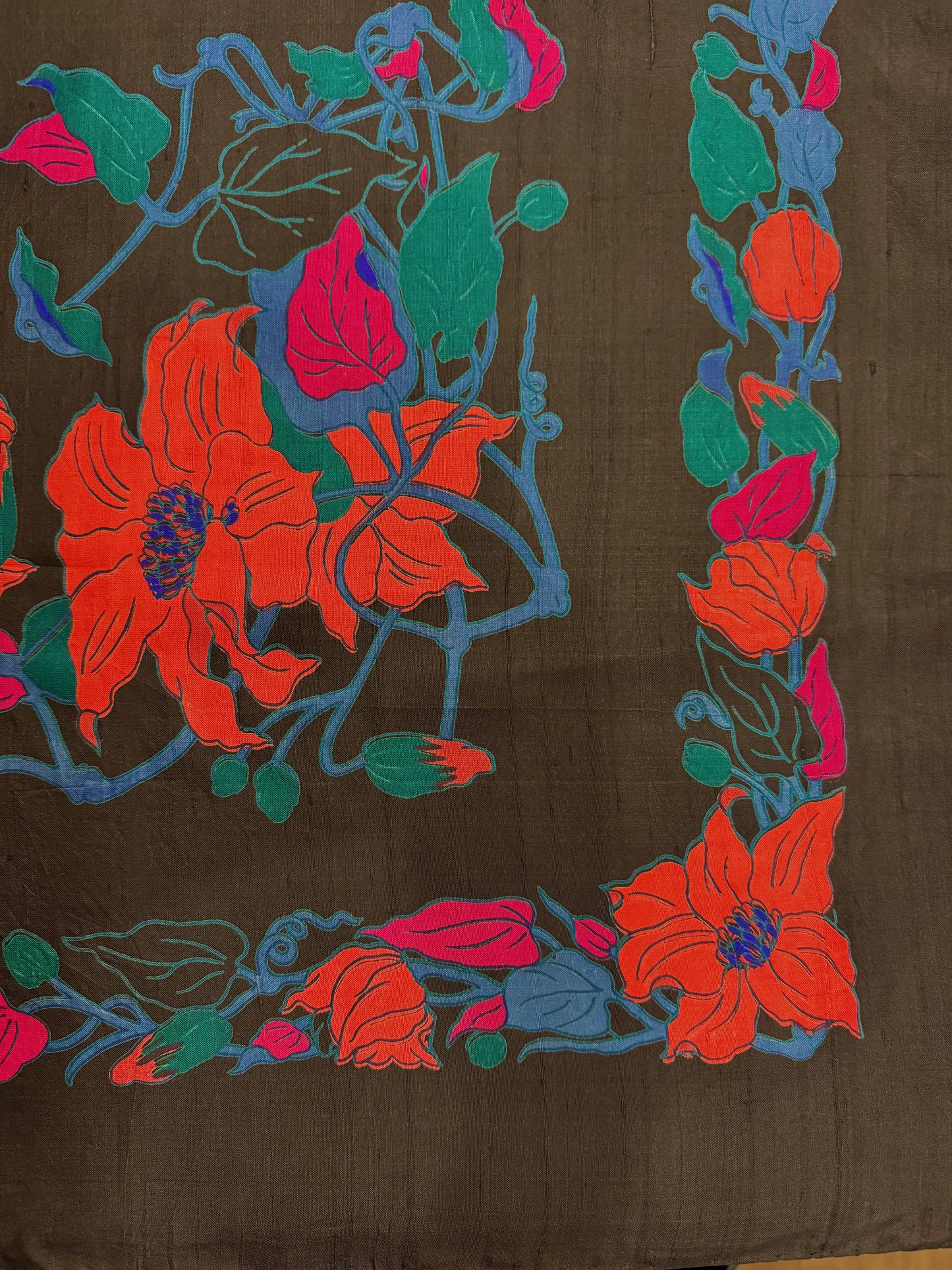 Vintage Autumn Bloom Silk Scarf – Orange & Teal – 35”