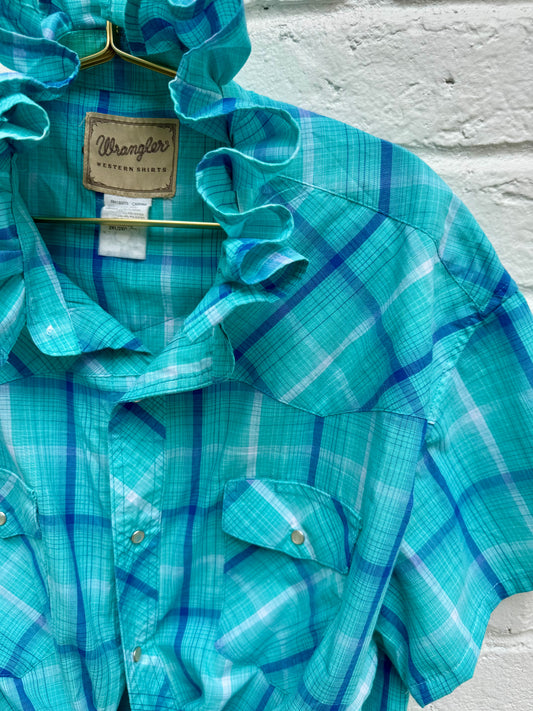 Vintage Wrangler Ruffle Neck Plaid Western Pearl Snap Shirt – Teal Size 2XL-