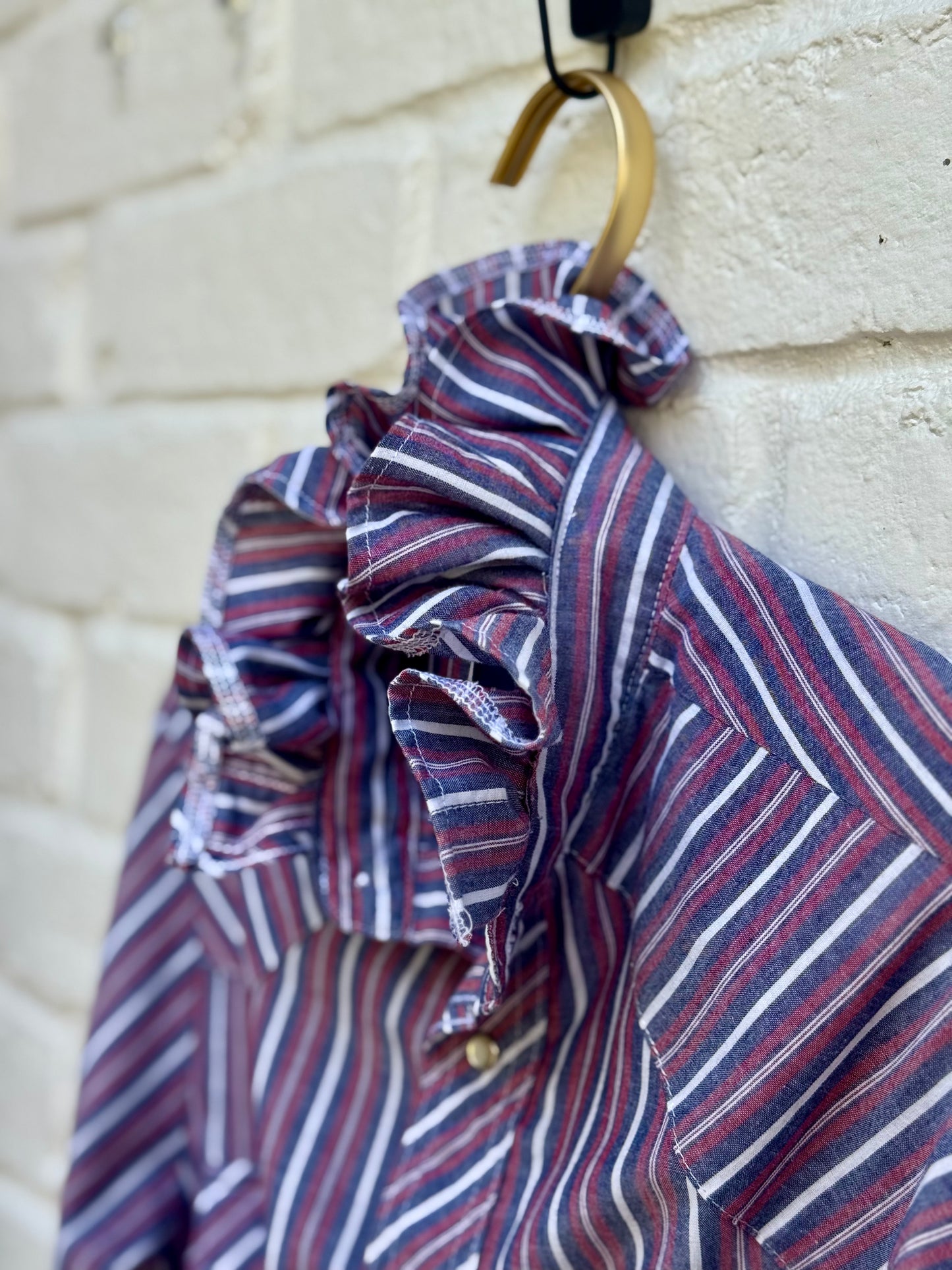 Revamped Vintage Wrangler Long Sleeve Striped Western Pearl Snap Shirt - Slate Plum & Burgundy Multi| Size S Measures 20” at the chest and 22.5 sleeves