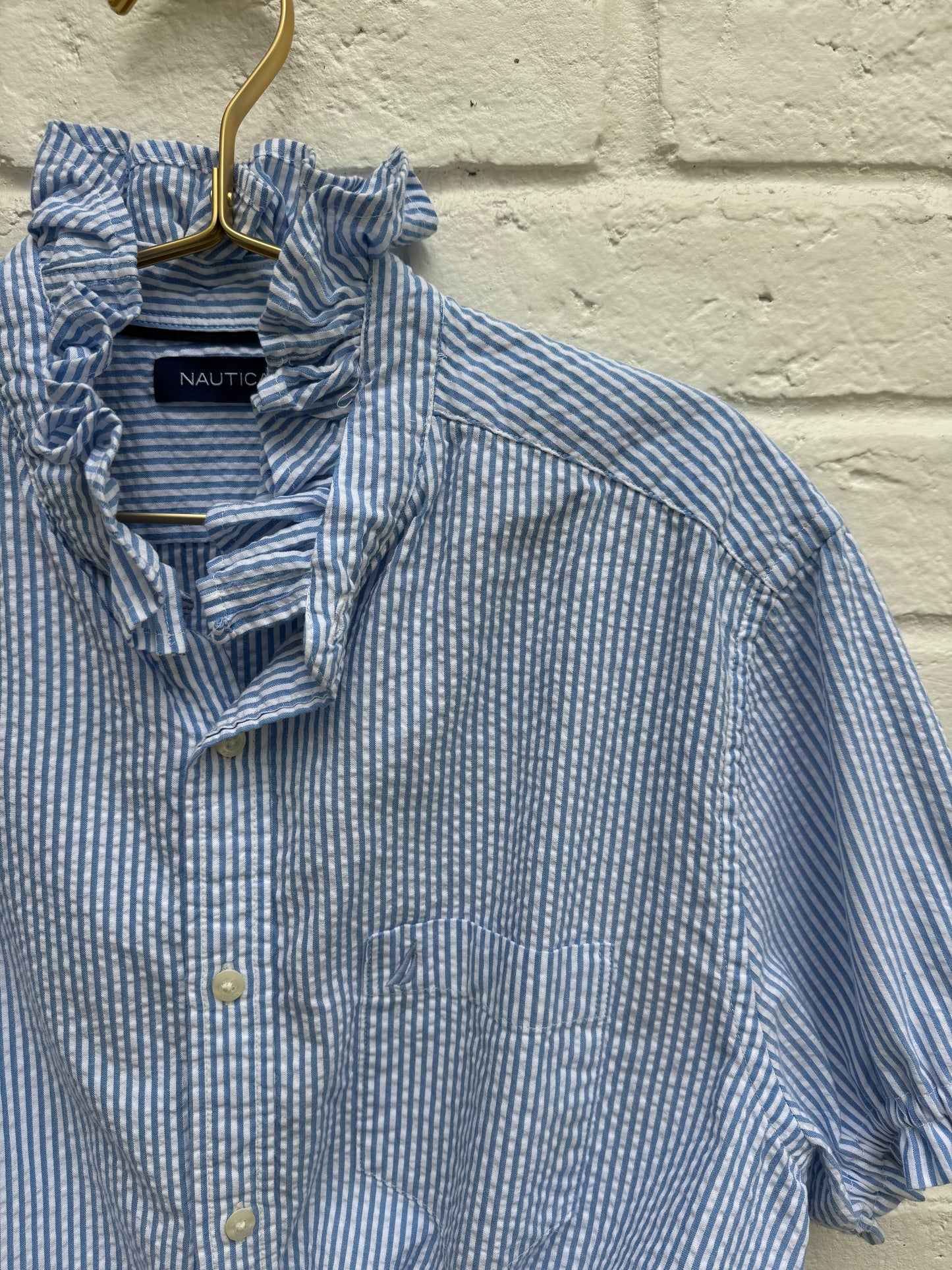 Upcycled Nautica Blue Seersucker Western Crop Shirt with Ruffle Collar- Size L