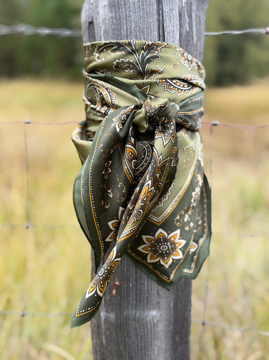 Heritage Collection | Sage Paisley | 100% Silk Wild Rag – 42”

Timeless Western elegance. Exclusively Buck Wild Rags.