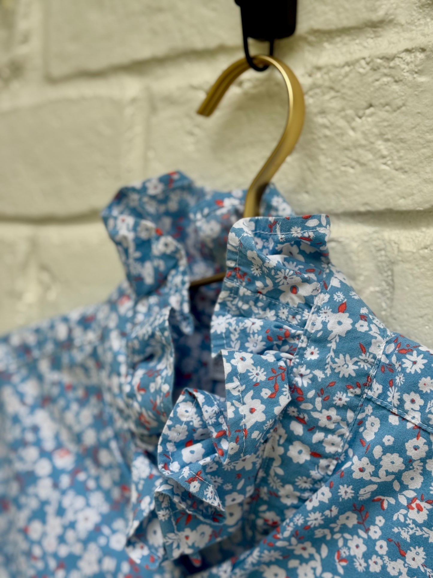 Upcycled Blue Floral Western style Shirt with High Ruffle Collar- Size- L
