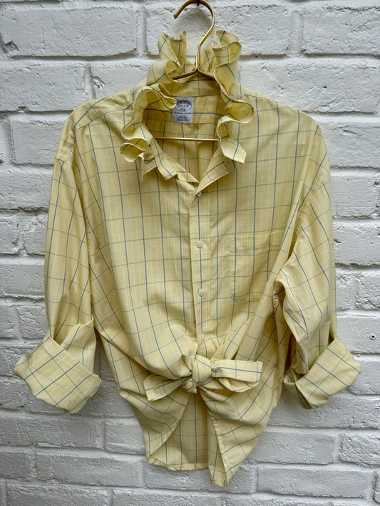 Vintage Brooks Brothers Ruffle Neck Windowpane Check Button Up Shirt – Pastel Yellow- Measures 27” from pit to pit. 24” sleeves.