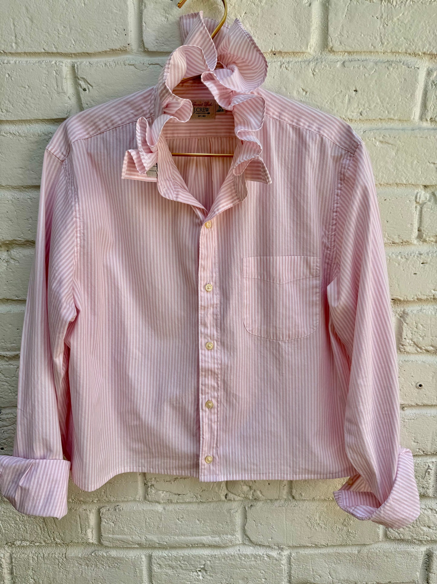 Upcycled J.Crew Pink Striped Ruffle Shirt – Women’s Reworked Button Down – Medium Chest: 20” Sleeves: 25”