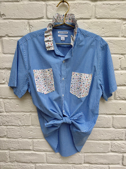Upcycled Western Gingham Shirt with Floral Ruffle Collar and Pockets- Size L