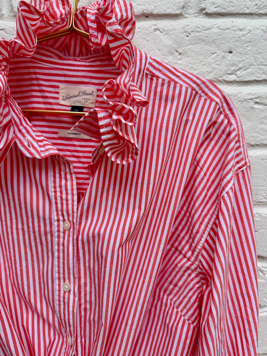 Universal Thread Ruffle Neck Striped Oversized Button Up Shirt – Salmon & White Candy Stripe- Ladies XXL. Sleeve length 22”