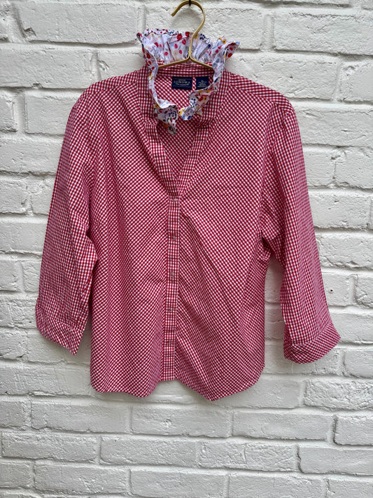 Restructured Sonoma Women's Red Gingham Top with Custom Contrast Ruffle| Size XL