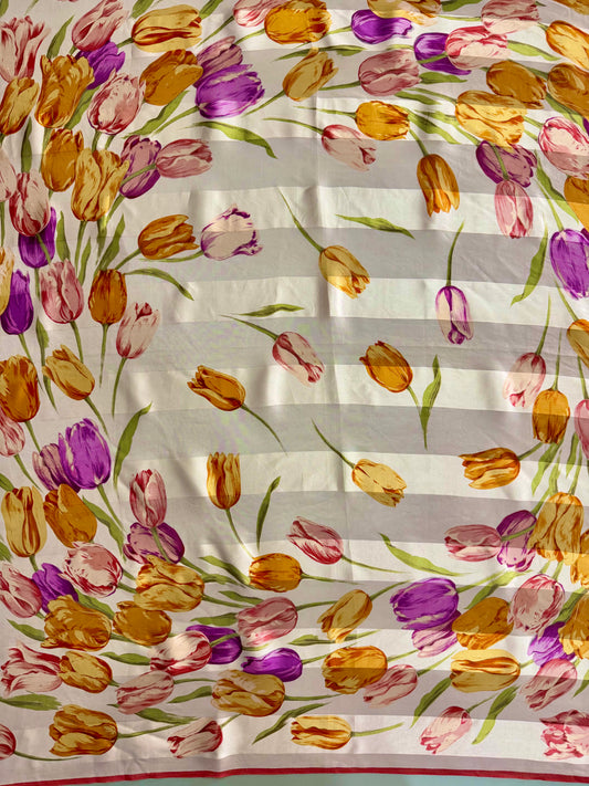Vintage Bill Blass 100% Silk Scarf – 35” Square – Colorful Tulip Floral Print – Designer Silk Scarf