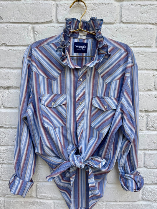 Revamped Vintage Wrangler Long Sleeve Striped Western Pearl Snap Shirt - Slate Blue & Desert Copper Multi| Size Long Tall| Measures 23” pit - pit. 27” sleeves.