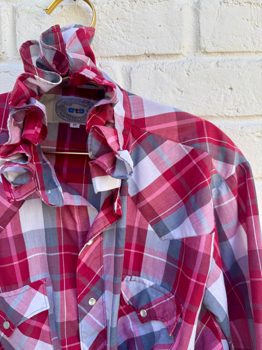 Revamped Vintage GTS Short Sleeve Western Pearl Snap Shirt - Crimson Red & Slate Gray Plaid| Size 17| Large. 24” pit-pit