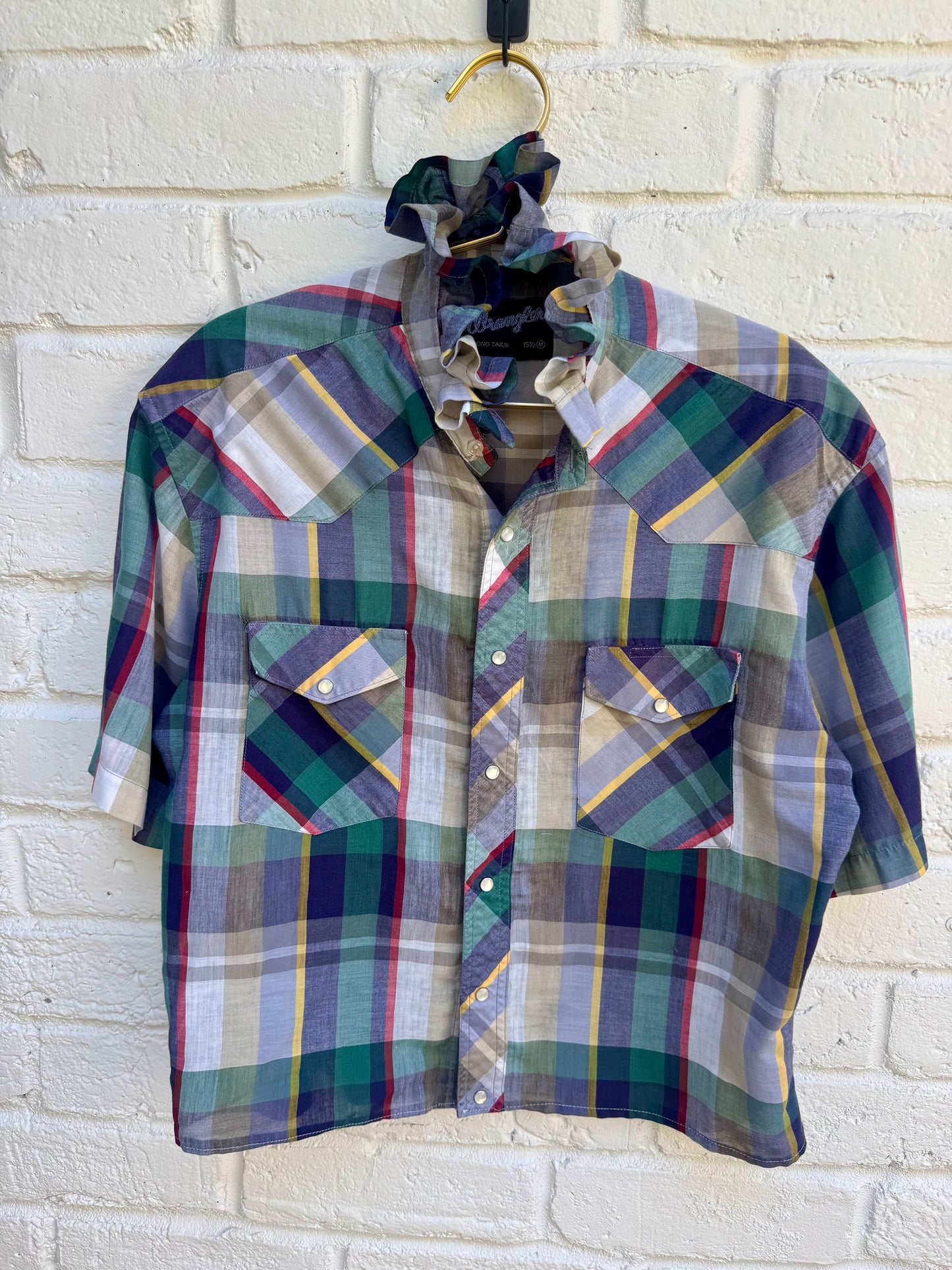 Revamped Vintage Wrangler Plaid Crop Ruffle Western Pearl Snap Shirt - Earthy Green & Yellow Multi- Size M| Measures 20” Pit to Pit