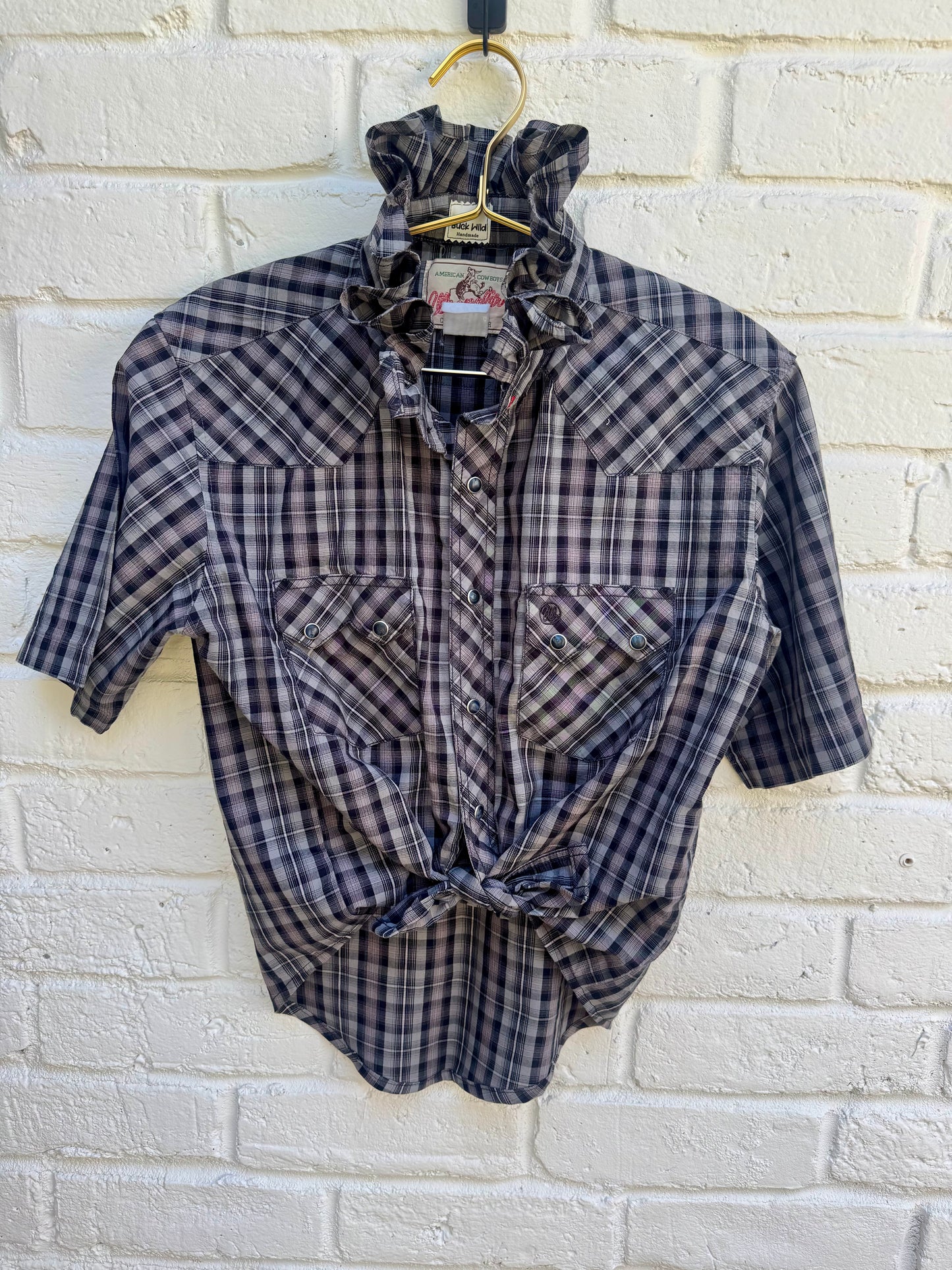 Revamped Vintage American Cowboy Short Sleeve Plaid Western Pearl Snap Shirt - Charcoal & Dark Brown Check| 21”’pit-pit