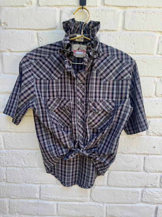 Revamped Vintage American Cowboy Short Sleeve Plaid Western Pearl Snap Shirt - Charcoal & Dark Brown Check| 21”’pit-pit