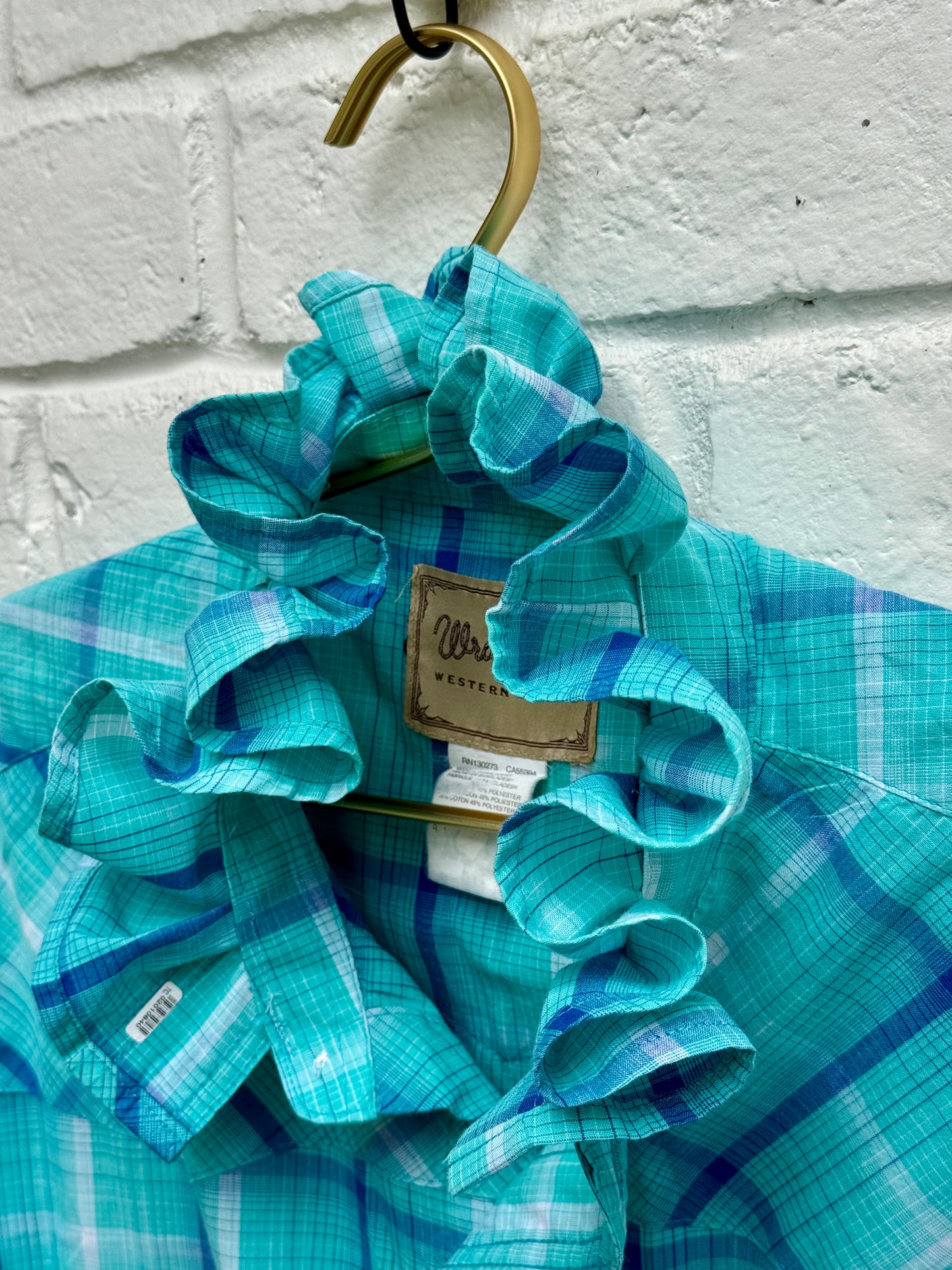Vintage Wrangler Ruffle Neck Plaid Western Pearl Snap Shirt – Teal Size 2XL-