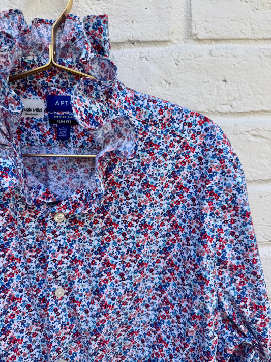 Revamped Vintage Apt. 9 Long Sleeve Micro Floral Ruffle Shirt - Ditsy Red, White & Blue| Slim L