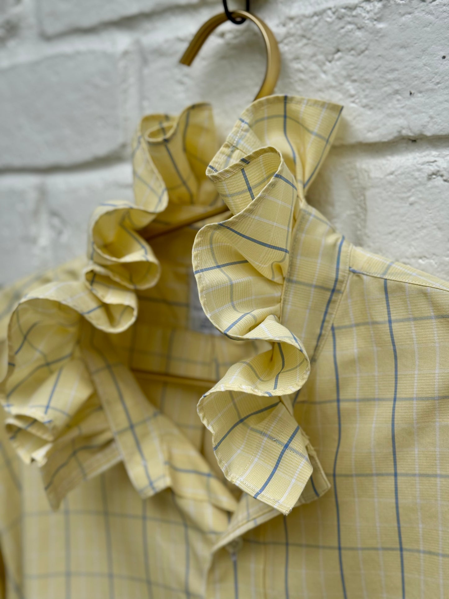 Vintage Brooks Brothers Ruffle Neck Windowpane Check Button Up Shirt – Pastel Yellow- Measures 27” from pit to pit. 24” sleeves.