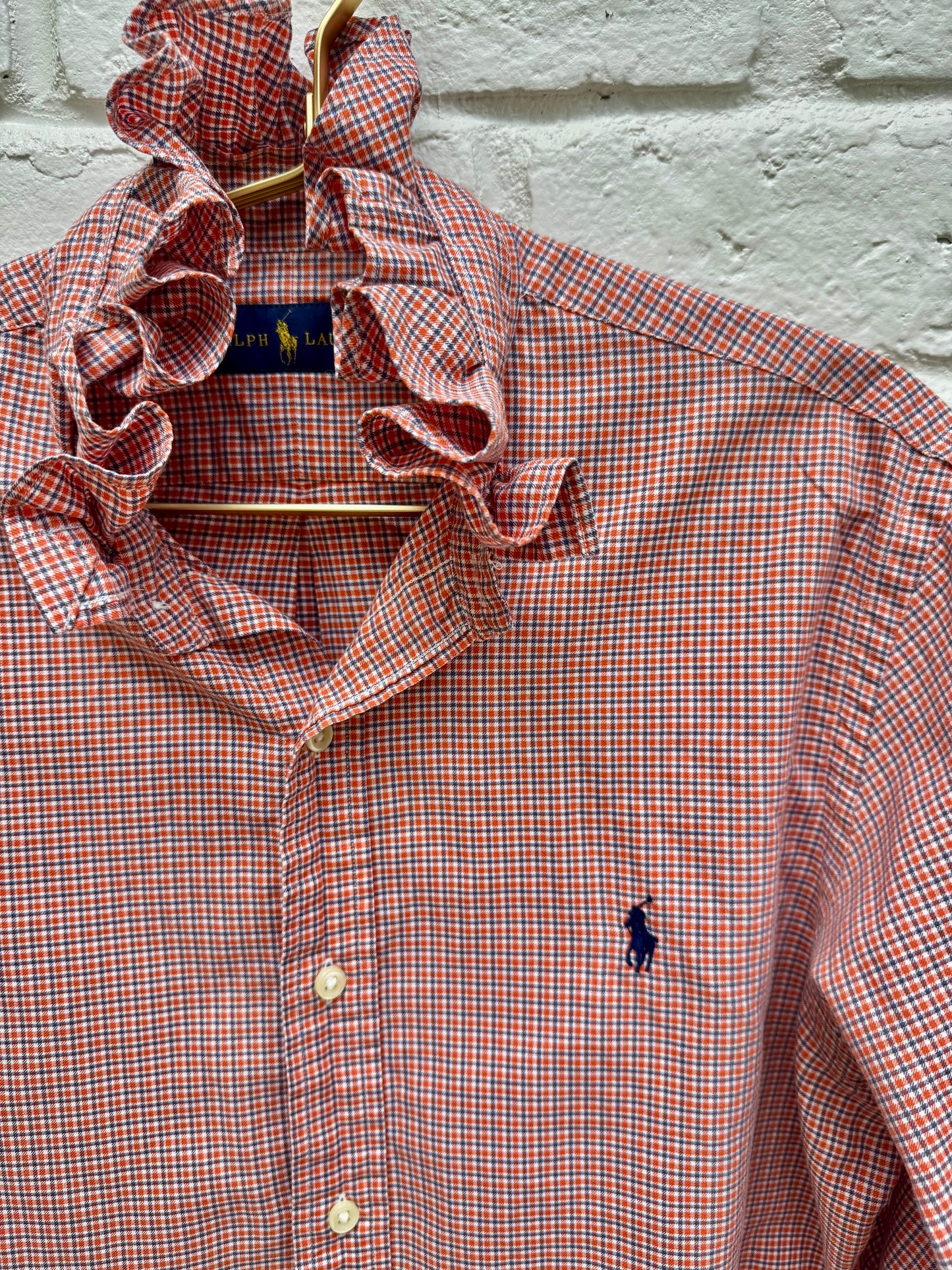 Upcycled Ralph Lauren Red Gingham Ruffle Shirt – Women’s Reworked Button Down. Shorty. Chest: 21” Sleeves: 25” Medium