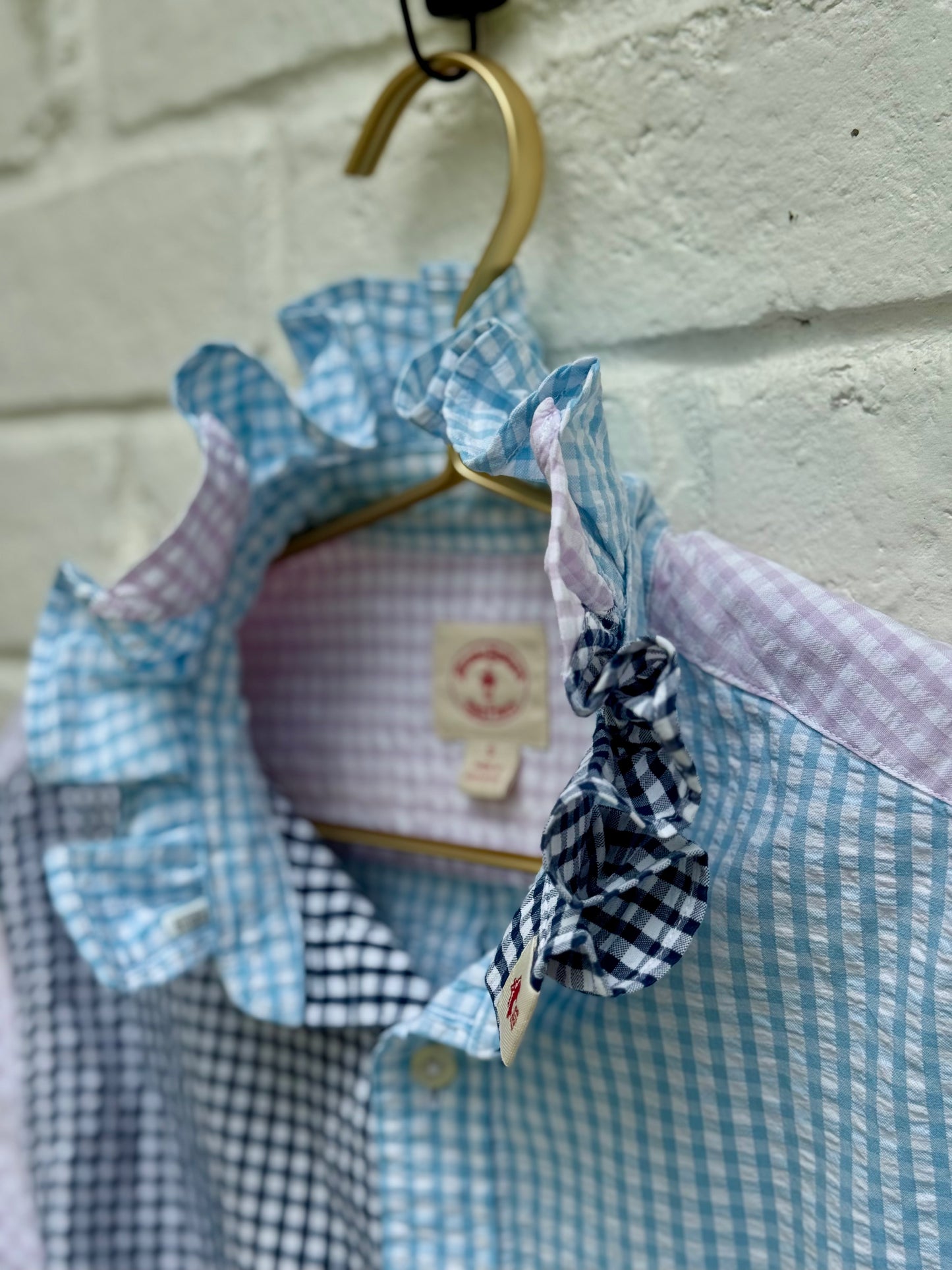 Brooks Brothers “Red Fleece” Ruffle Neck Patchwork Gingham Seersucker Shirt – Multi Pastel [Size S] Measures 19.5” pit to pit. 24” sleeves.