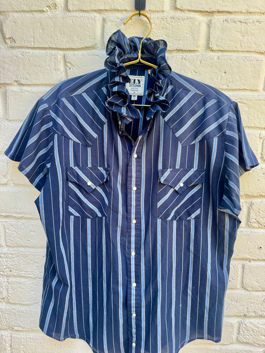 Revamped Vintage Ely Cattleman Cap Sleeve Striped Western Pearl Snap Shirt - Navy & Slate Blue| Size Long Tall. Measures 23” pit to pit
