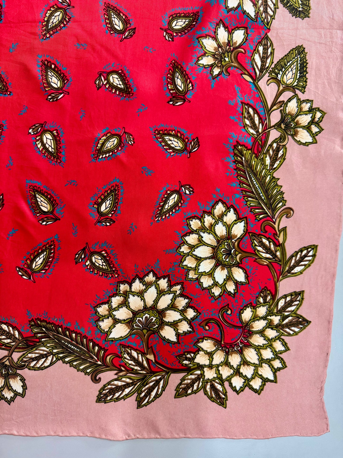 Vintage Silk Scarf | Raspberry Paisley & Blush Floral Border 35”