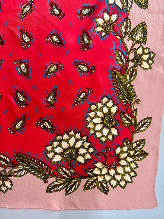 Vintage Silk Scarf | Raspberry Paisley & Blush Floral Border 35”