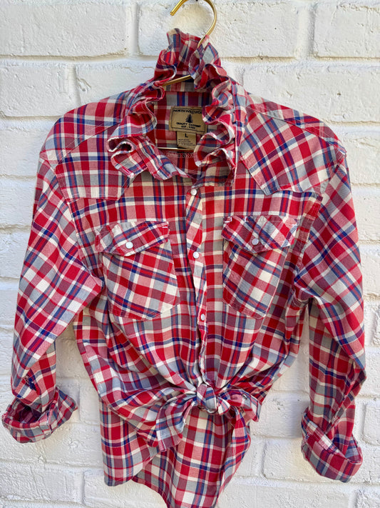 Revamped Vintage North Westblue Long Sleeve Plaid Ruffle Shirt - Americana Red & Royal Blue| Size L