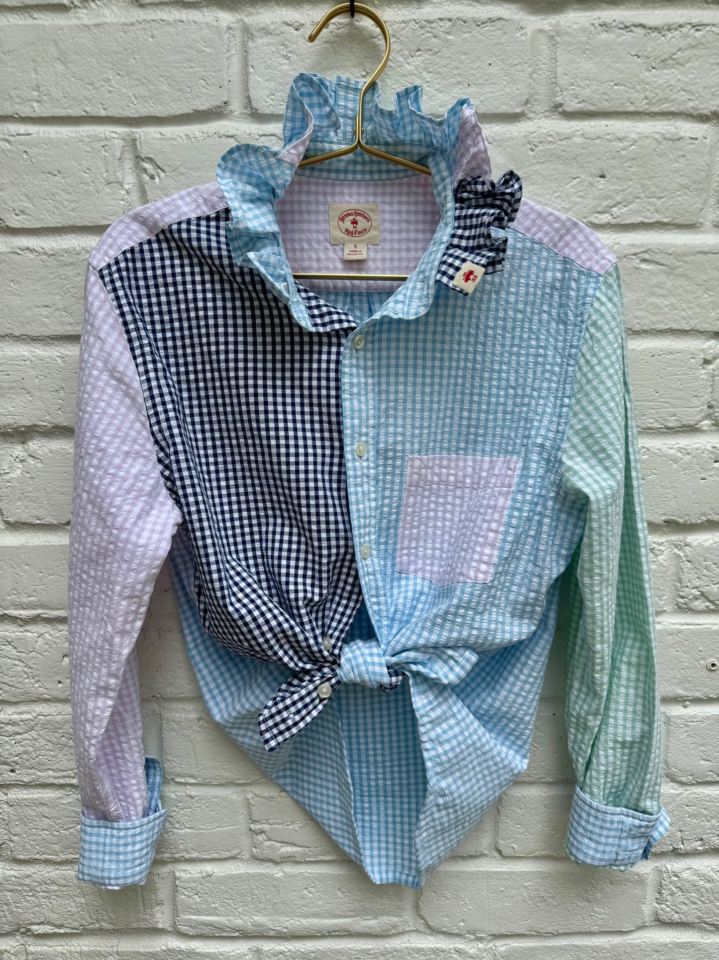 Brooks Brothers “Red Fleece” Ruffle Neck Patchwork Gingham Seersucker Shirt – Multi Pastel [Size S] Measures 19.5” pit to pit. 24” sleeves.
