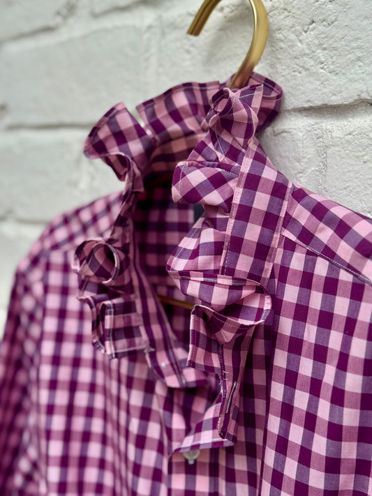 Upcycled Women’s Pink Gingham Ruffle Collar Button-Down Top| Size L
