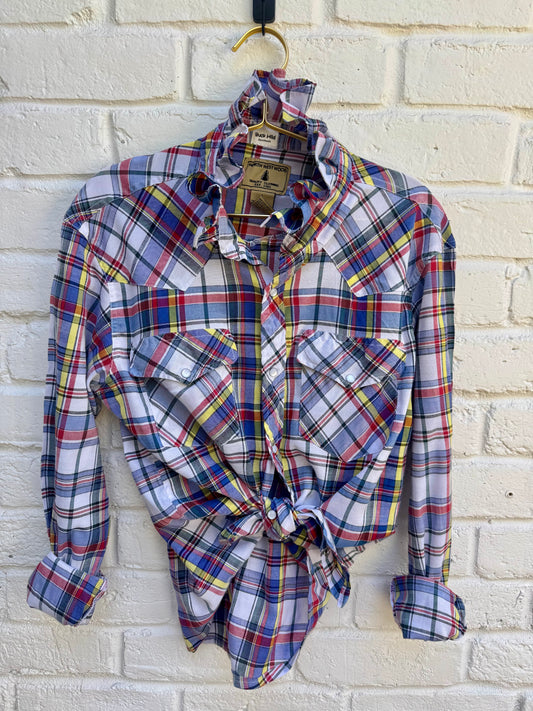 Revamped Vintage North Westblue Long Sleeve Plaid Ruffle Shirt - Rainbow Multi-Color & White| Size L