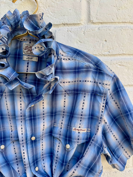 : Revamped Vintage Lucky Brand Short Sleeve Western Pearl Snap Shirt - Indigo Ombré & Ikat Stripe| Size L
