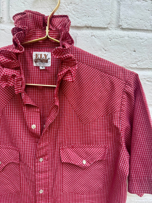 Vintage Ely Cattleman Men's Red Gingham Western Pearl Snap Shirt Short Sleeve S. Measures 19.5” pit to pit.