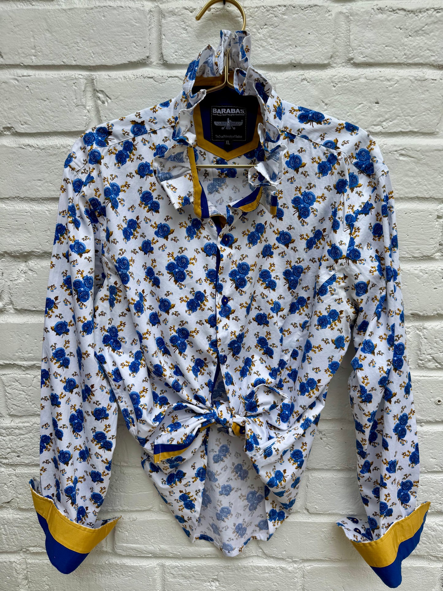 Barabas Men's XL Blue Floral Graphic Luxury Shirt Custom Ruffle Neck Contrast Cuff- measures 20” pit to pit. 26” sleeves